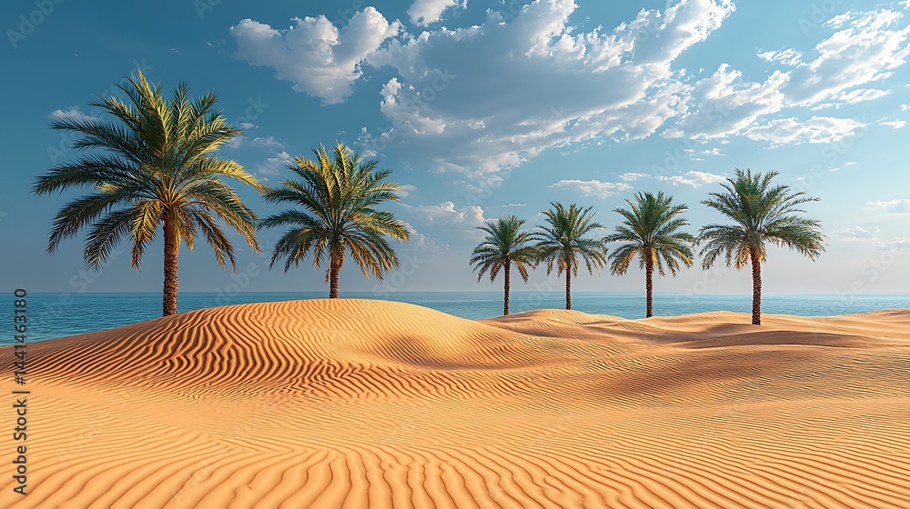 Obraz premium Palm Trees on Sand Dunes Near Ocean Under Blue Sky