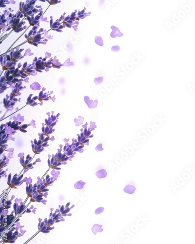Delicate lavender blossoms and petals on white background creating a soft floral composition, capturing the essence of summer with a gentle and calming visual mood
