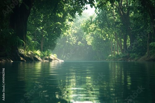 Tranquil river flows through lush green forest canopy creating a serene and peaceful atmosphere with reflections on water surface and sunlight filtering through trees