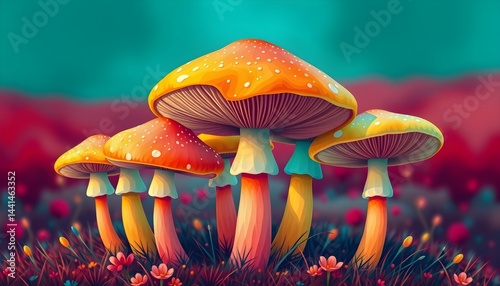 Colorful Mushroom Cluster Under a Teal Sky