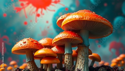 A group of amanita muscaria mushrooms in dreamlike background
