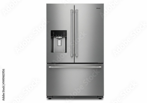 Stainless steel french door refrigerator with water dispenser against white background