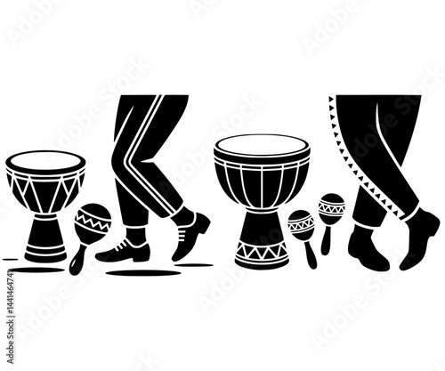 Silhouette of a traditional Mexican drum and maracas placed on the ground beside a pair of dancing feet, symbolic and rhythmic, black vector on white - Cinco de Mayo