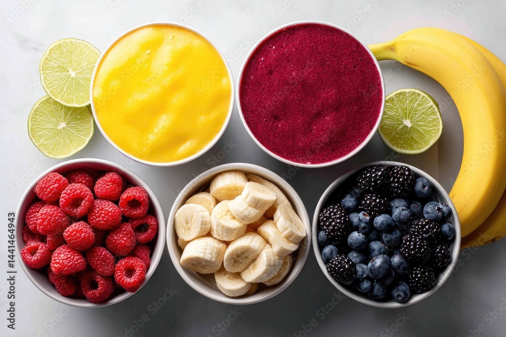 Colorful fruit smoothies and ingredients arranged in a pattern. Colorful fruit smoothies and ingredients arranged in a pattern.
