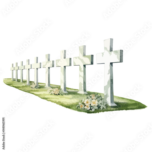 row of white crosses in_a_military cute watercolors illustration on white background