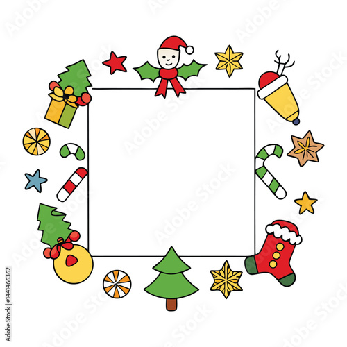 Festive Christmas frame decorated with classic X-mas icons like bells, candy canes, snowflakes, gifts, and holly—perfect for holiday greetings and seasonal designs.