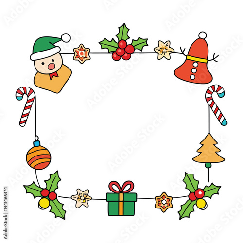 Festive Christmas frame decorated with classic X-mas icons like bells, candy canes, snowflakes, gifts, and holly—perfect for holiday greetings and seasonal designs.
