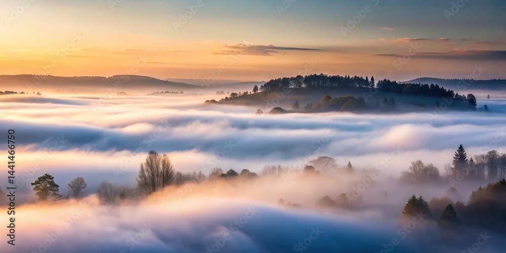 Fototapeta premium Dense white fog slowly rolling across a dark and foreboding landscape at dawn