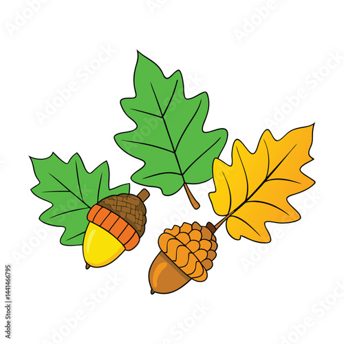 Green and yellow autumn leaves scattered with pine cones and acorns create a vibrant, earthy scene, capturing the cozy, colorful essence of the fall season.