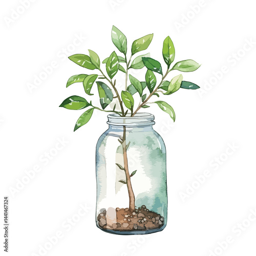 small plant growing in a recycled cute watercolors illustration on white background