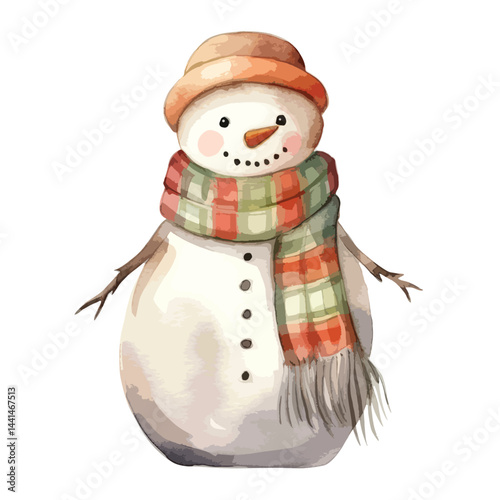 snowman with a scarf and hat cute watercolors illustration on white background