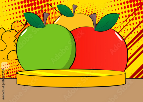 Comic Book Product podium stage for mockup presentation with Apple. Retro comics background.