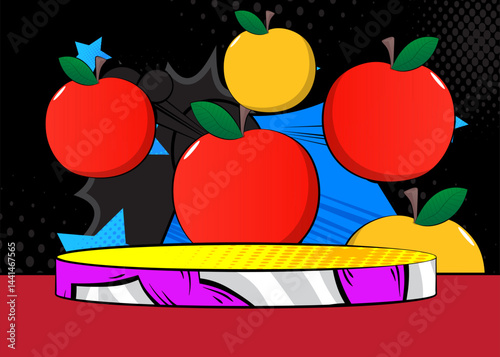 Comic Book Product podium stage for mockup presentation with Apple. Retro comics background.