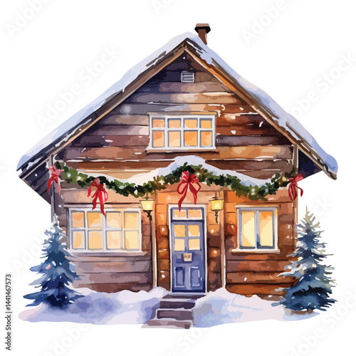 snowy cabin with Christmas lights cute watercolors illustration on white background