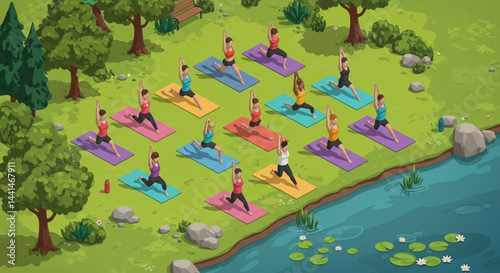 Outdoor Yoga Class by the Lakeside – Diverse Group Practicing Fitness in Nature with Vibrant Colors