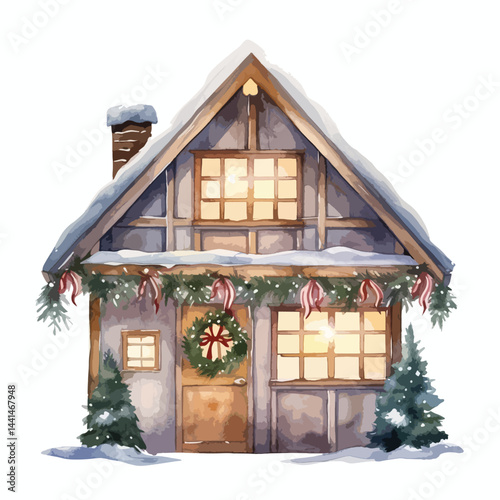 snowy cabin with Christmas lights cute watercolors illustration on white background