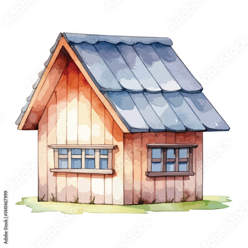 solar panel on the roof of a house cute watercolors illustration on white background