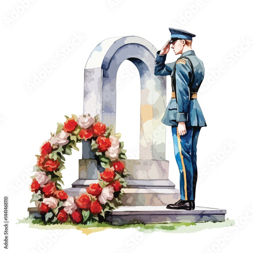 soldier saluting at a memorial site cute watercolors illustration on white background
