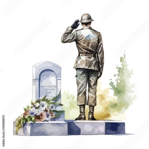 soldier saluting at a memorial site cute watercolors illustration on white background