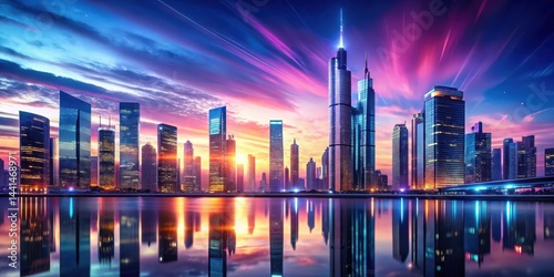 futuristic cityscape at dusk with neon lights reflecting off a sleek metallic skyscraper against an ultrawide abstract background, architecture, reflections