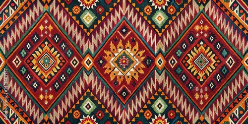 Traditional Indonesian Ikat fabric with intricate, multicolored geometric patterns and floral motifs, created using a time-honored resist-dyeing technique, resist dyeing, cultural heritage