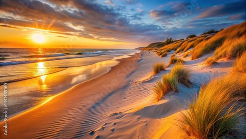Fototapeta Naklejka Na Ścianę i Meble -  Warm amber light spills across a serene sandy beach scene by the Baltic Sea at dusk, casting a magical glow on the shoreline and surrounding dunes, natural wonder, amber light