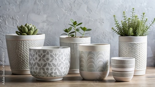 Wallpaper Mural Simple ceramic flowerpots with Nordic floral patterns and minimalist designs in a soft gray and white color palette Torontodigital.ca
