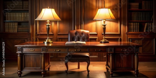Elegant mahogany desk under warm soft lamplight glow, office decor, dimly lit space