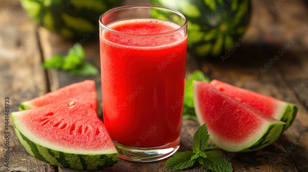 Refreshing watermelon juice. Slices of red watermelon beside a tall glass of vibrant juice, garnished with fresh mint leaves on a rustic wooden surface Refreshing watermelon juice. Slices of red watermelon beside a tall glass of vibrant juice, garnished with fresh mint leaves on a rustic wooden surface