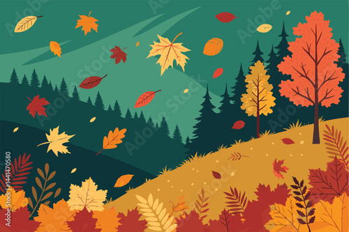 A poignant autumnal countryside scene depicting a war-torn landscape amidst falling leaves; desolate farmhouses and decaying structures.
