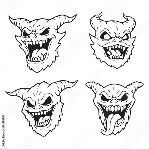 Grotesque demonic mouths with wicked smiles perfect horror art aggressive expressions designed with detailed line work

