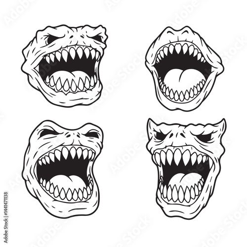 Angry monster mouth art snarling faces collection scary Halloween inspiration with evil emotions and dark illustration

