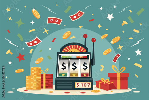 Exuberant person celebrating a huge jackpot win at a flashing slot machine, money raining down.  Joyful expression, casino setting.