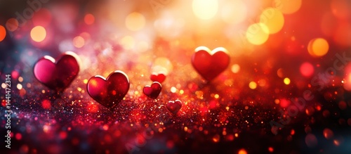 Red hearts on glittery background with bokeh. Romantic Valentine's Day