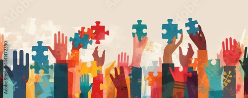 Multiple colorful hands reaching upward holding blue puzzle pieces against a light neutral background, symbolizing collaboration and teamwork in a lively, energetic atmosphere