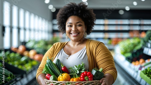 Smiling fat woman holding basket of fresh produce in a grocery store.