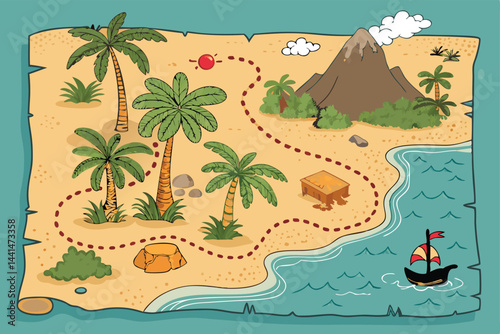 Create a whimsical cartoon treasure map featuring a tropical island with palm trees, a buried treasure chest, and a playful pirate ship.  Include swirling text and decorative elements.