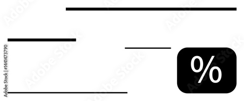 Bold percentage symbol within a black rectangle, surrounded by horizontal lines. Ideal for marketing, discounts, promotion, pricing, simplicity, modern design, flat simple metaphor