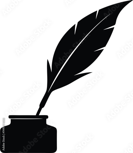 Feather quill pen with ink pot silhouette vector