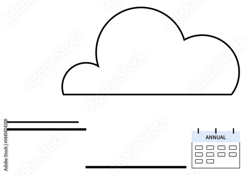 Minimalist cloud with a small annual calendar, linear details, symbolizing data storage, scheduling, organization, remote access, time management, cloud computing. Ideal for tech overview or a simple