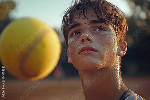 Sweaty teen gazing upward, yellow ball blurred in background