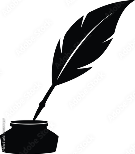 Feather quill pen with ink pot silhouette vector