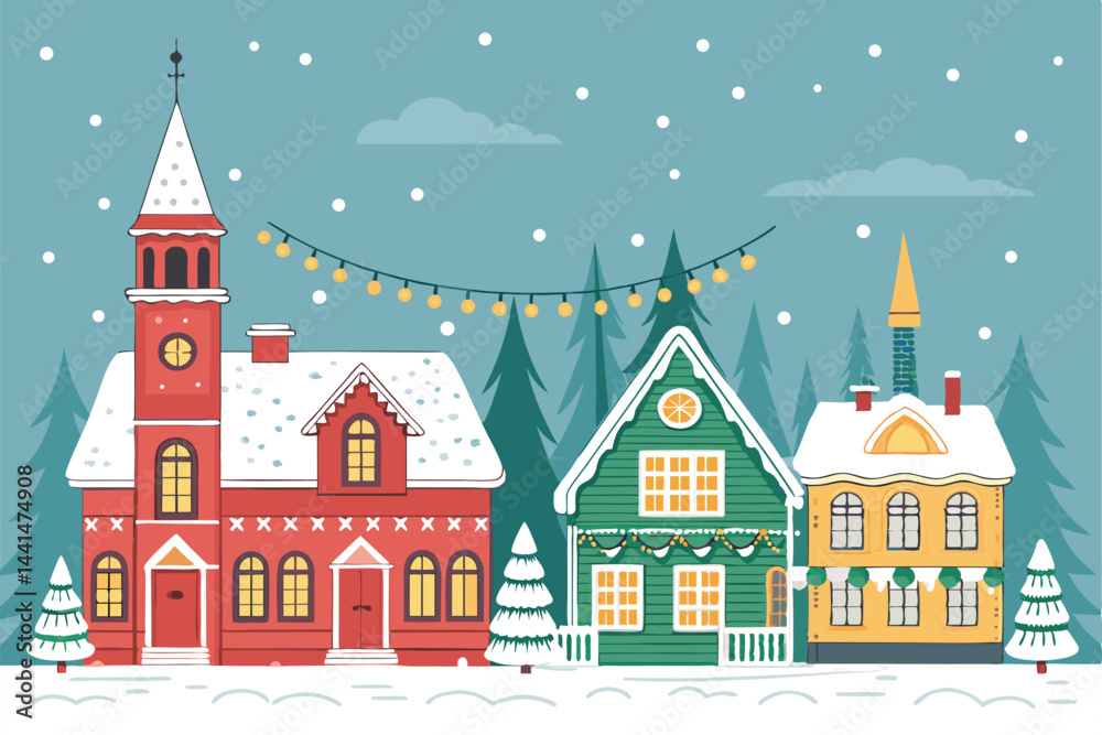Fototapeta premium A picturesque winter scene of a snow-covered Christmas town, featuring charming houses with snowy rooftops, creating a cozy and festive atmosphere. Solid red accents add visual interest.
