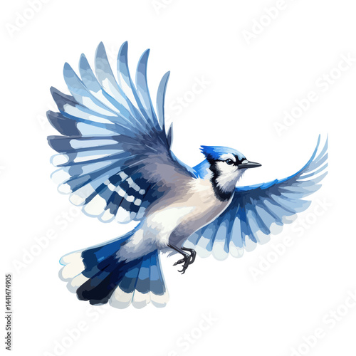 Handmade watercolor of a Blue Jay standing, featuring vivid blue feathers and soft brushstrokes, isolated on a clean white background for versatile designs