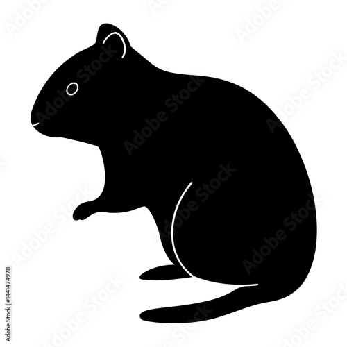 Black silhouette of a quokka, an Australian marsupial, sitting gracefully