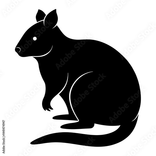 Black silhouette of a quokka, an Australian marsupial, sitting gracefully