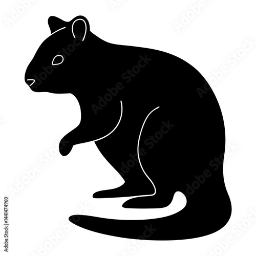 Black silhouette of a quokka, an Australian marsupial, sitting gracefully