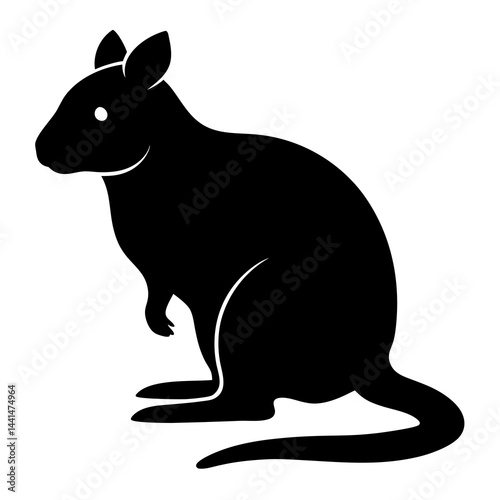 Black silhouette of a quokka, an Australian marsupial, sitting gracefully