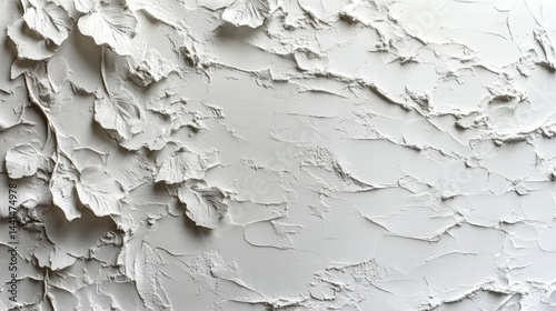 Textured White Plaster Wall with Embossed Leaves: Abstract Art Background