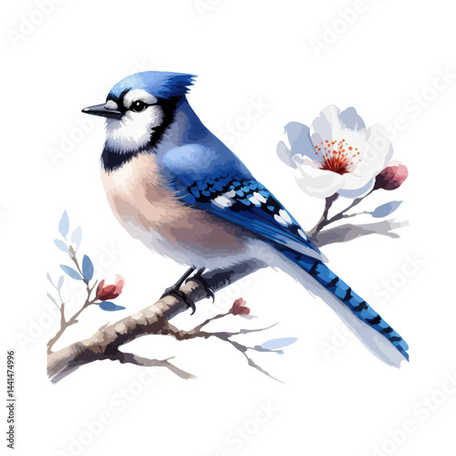 Handmade watercolor of a Blue Jay standing, featuring vivid blue feathers and soft brushstrokes, isolated on a clean white background for versatile designs